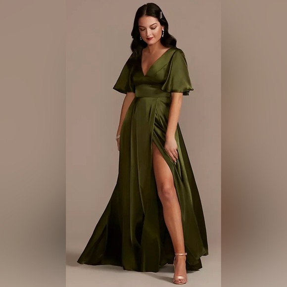 Galina Signature Dresses & Skirts - David’s Bridal Charmeuse Flutter-Sleeve A-Line Dress Martini Olive NWT